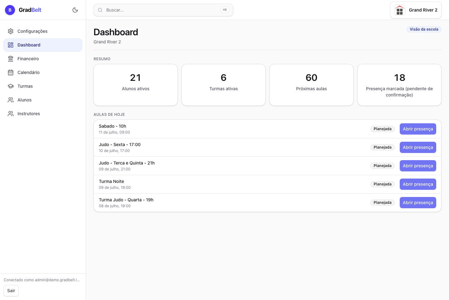 Echter GradBelt-Dashboard-Screenshot mit Schüler-, Gruppen- und Anwesenheitsmetriken