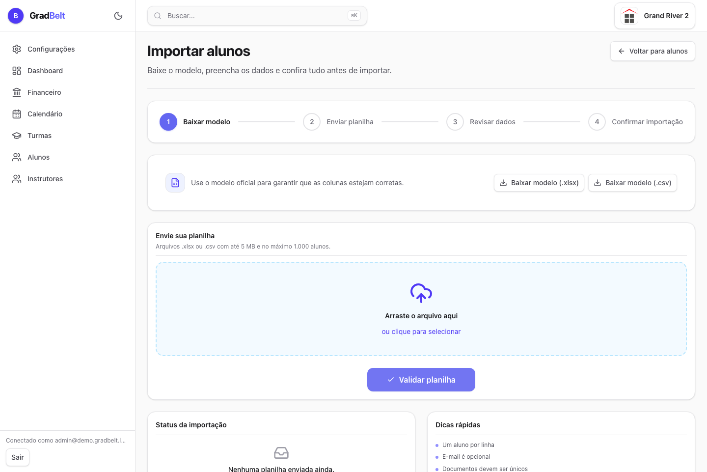 Echter Screenshot des Tabellenimport-Workflows in GradBelt
